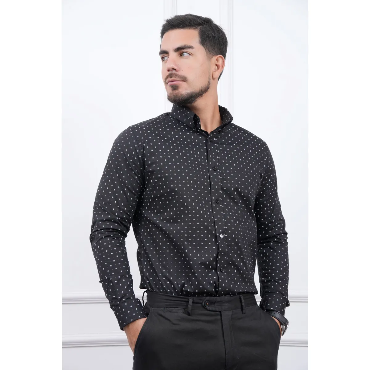 MEHIVIC - CAMISA  MEHIVIC SLIM FIT MICRO PUNTOS MANGA LARGA CUELLO CAMISERO