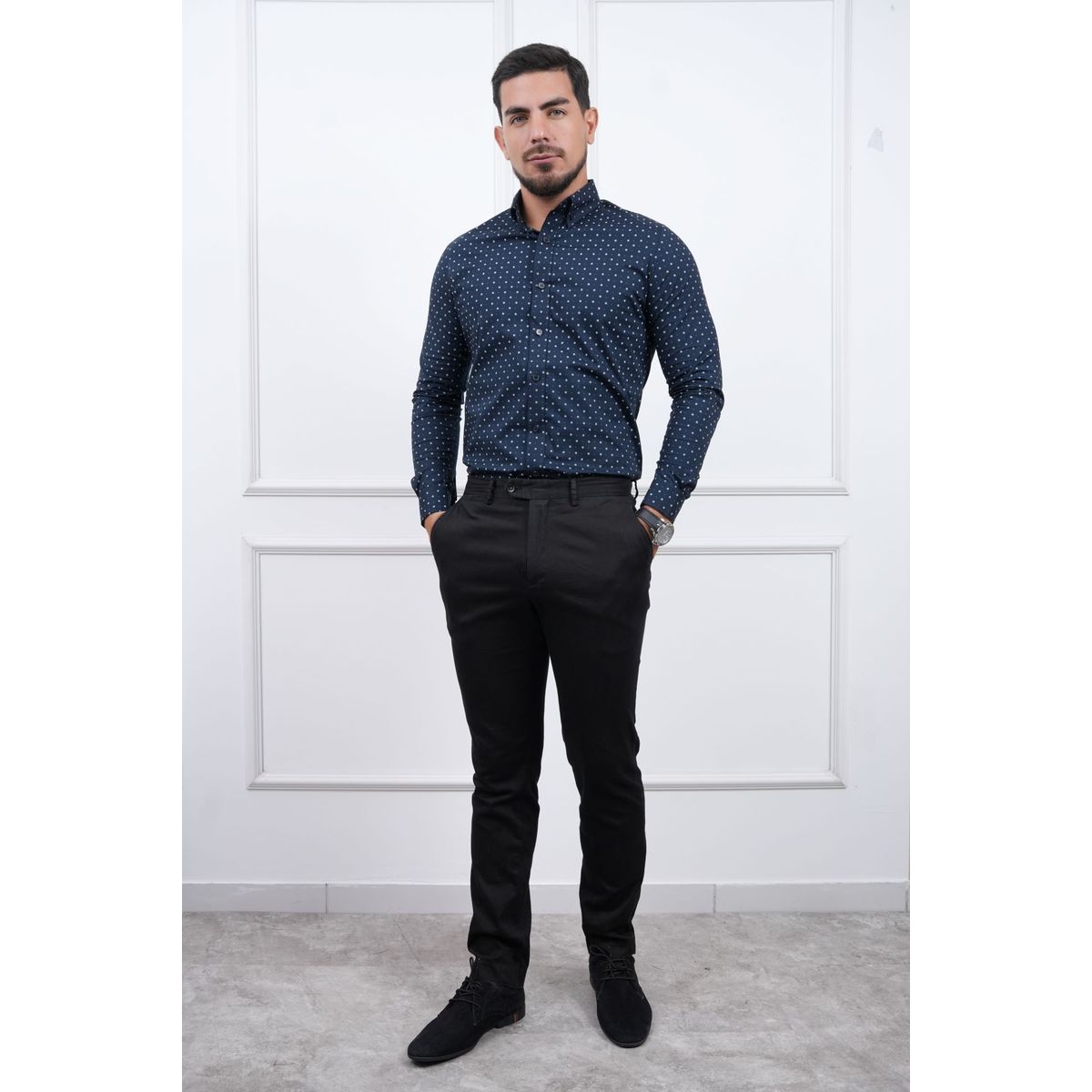 MEHIVIC - CAMISA  MEHIVIC SLIM FIT MICRO PUNTOS MANGA LARGA CUELLO CAMISERO