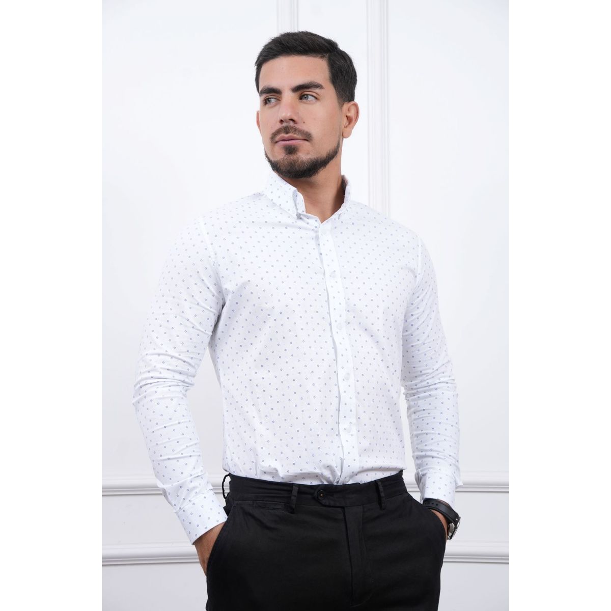 MEHIVIC - CAMISA  MEHIVIC SLIM FIT MICRO PUNTOS MANGA LARGA CUELLO CAMISERO