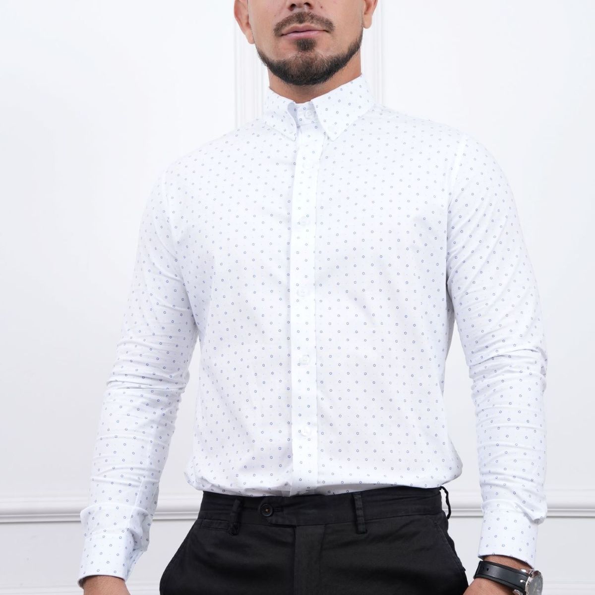 MEHIVIC - CAMISA  MEHIVIC SLIM FIT MICRO PUNTOS MANGA LARGA CUELLO CAMISERO