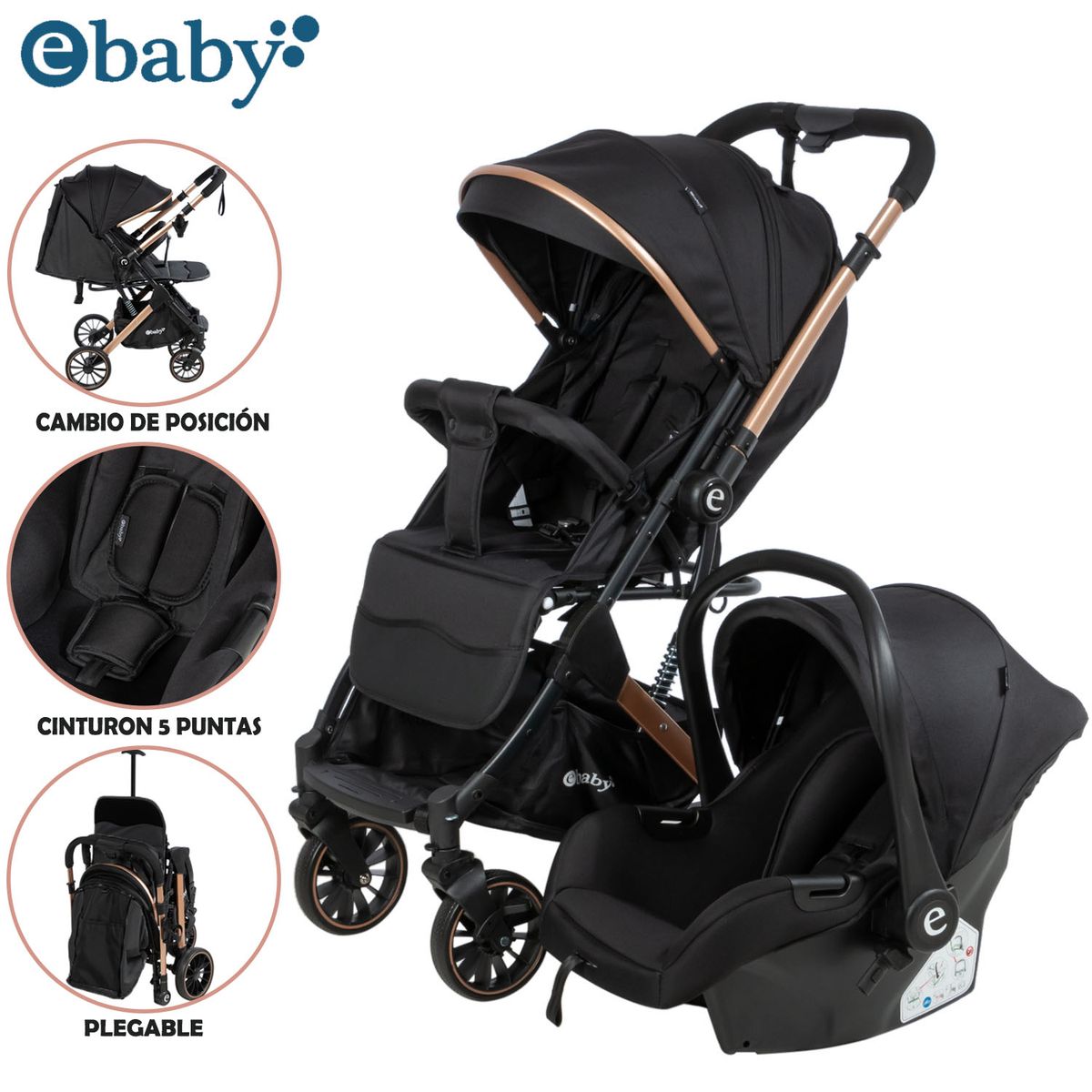 EBABY - Coche Moisés Travel System EBABY «SPARROW» Porta Bebé Black