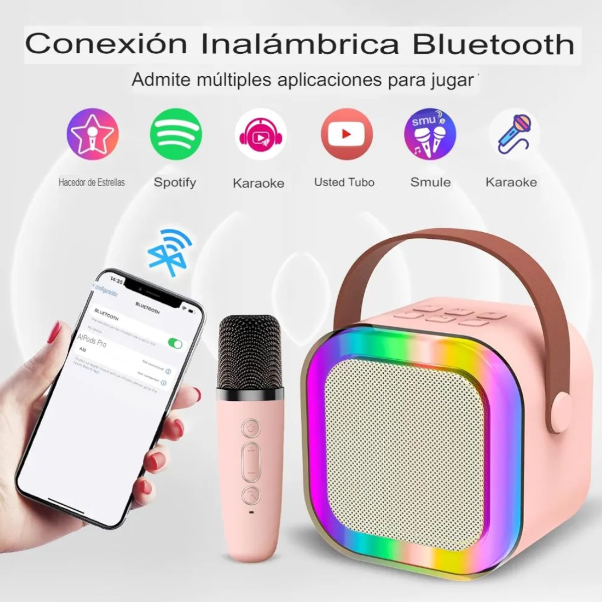 GENERICO - Mini Parlante Karaoke Portátil Bluetooth con Luces RGB + Micrófono