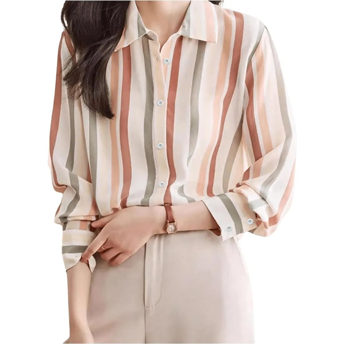 GIOIO - Blusas De Manga Larga Con Botones A Rayas Para Mujer Beige