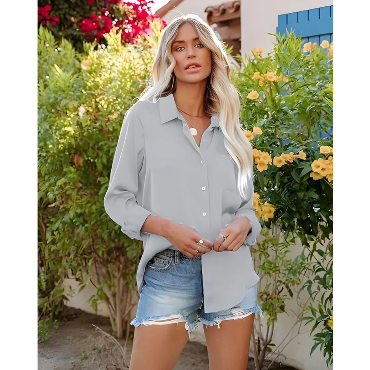 GIOIO - Camisas De Raso Con Botones Para Mujer Manga Larga Slim Fit