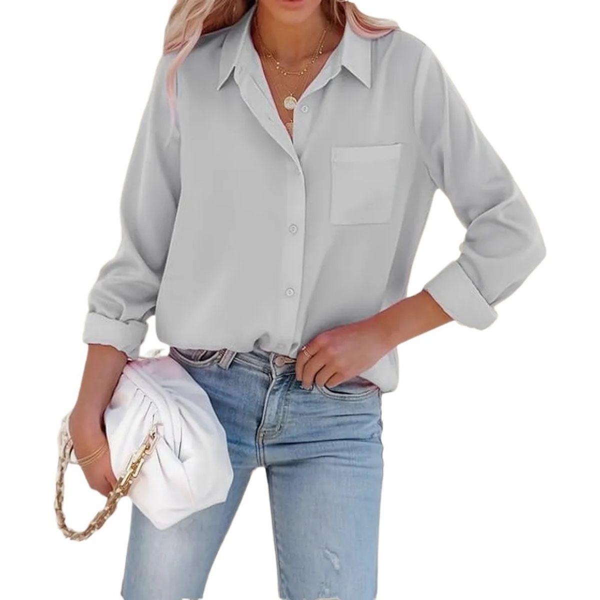 GIOIO - Camisas De Raso Con Botones Para Mujer Manga Larga Slim Fit