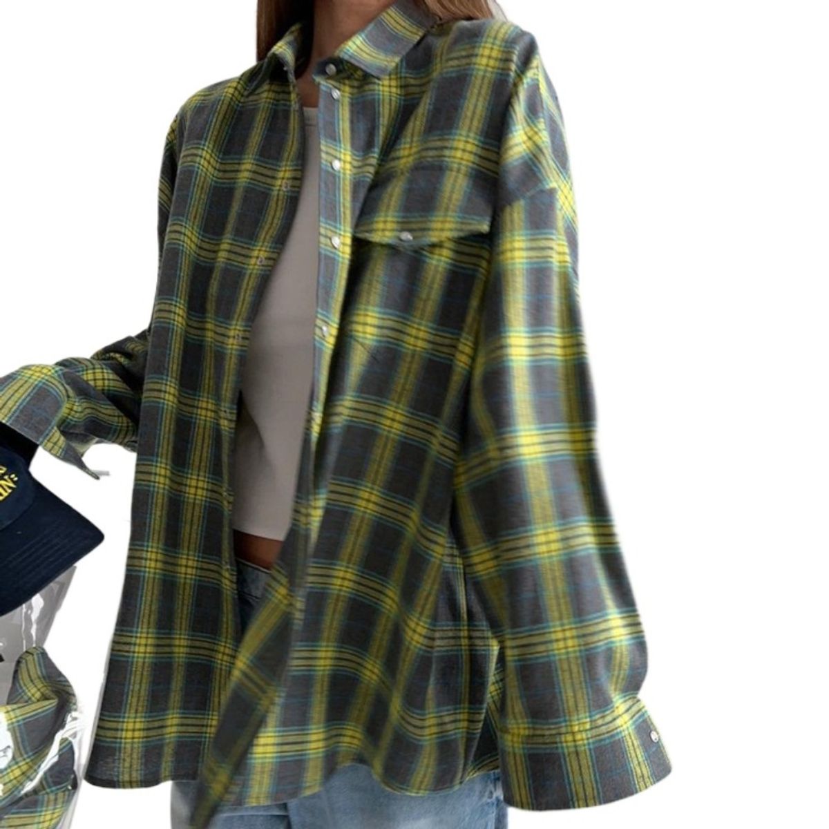 GIOIO - Camisa Cuadros Retro Solapa Amplia Manga Larga Bolsillos Holgada​