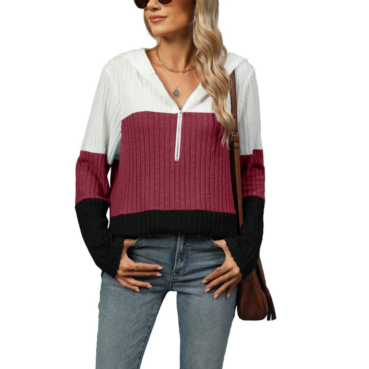 GIOIO - Sudadera Holgada Color Block Cremallera Capucha Manga Larga​