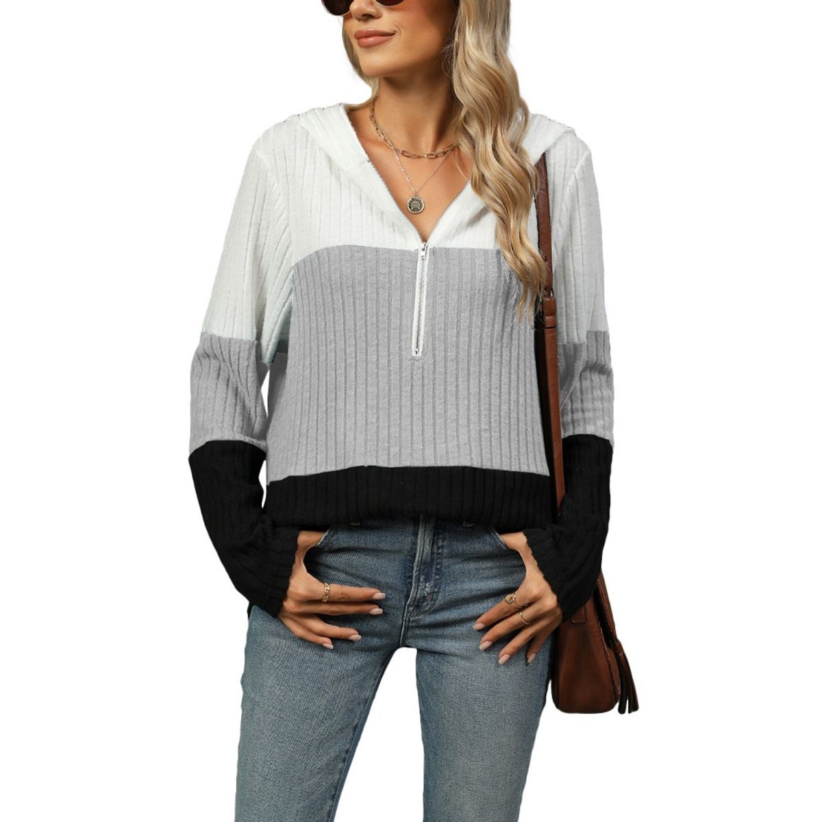 GIOIO - Sudadera Holgada Color Block Cremallera Capucha Manga Larga​