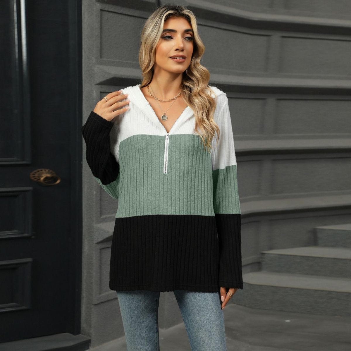 GIOIO - Sudadera Holgada Color Block Cremallera Capucha Manga Larga​