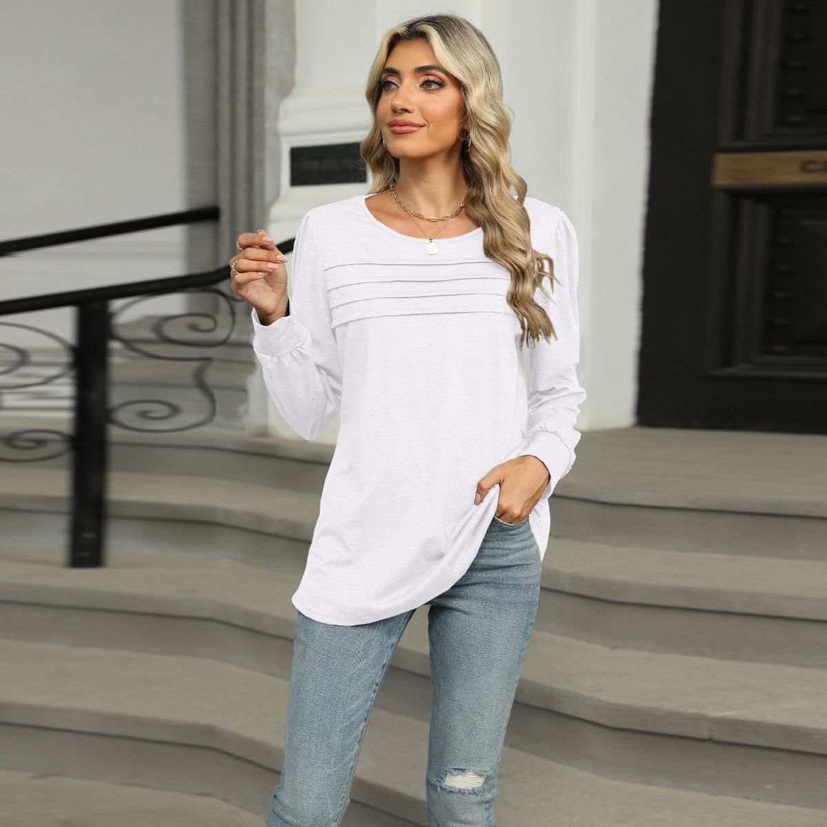 GIOIO - Camiseta Liso Escote U Pliegues Manga Larga Figura Esbelta​