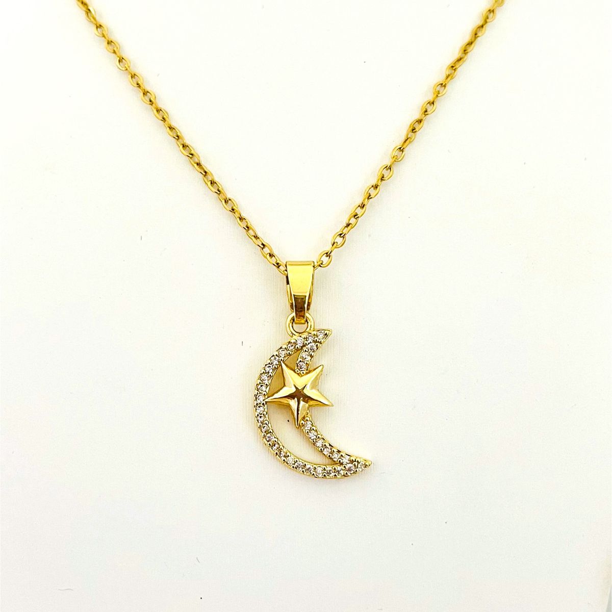 GENERICO - Collar de Acero Luna y Estrella Cristales 43 cm