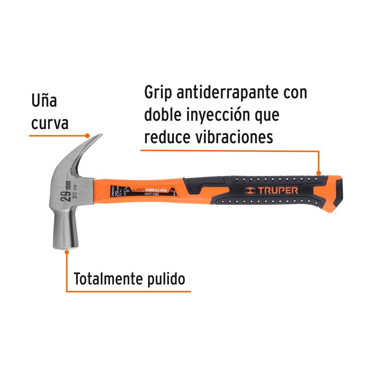 TRUPER - Martillo antivibración cabeza cónica 29 mm, mango fibra vidrio – Truper
