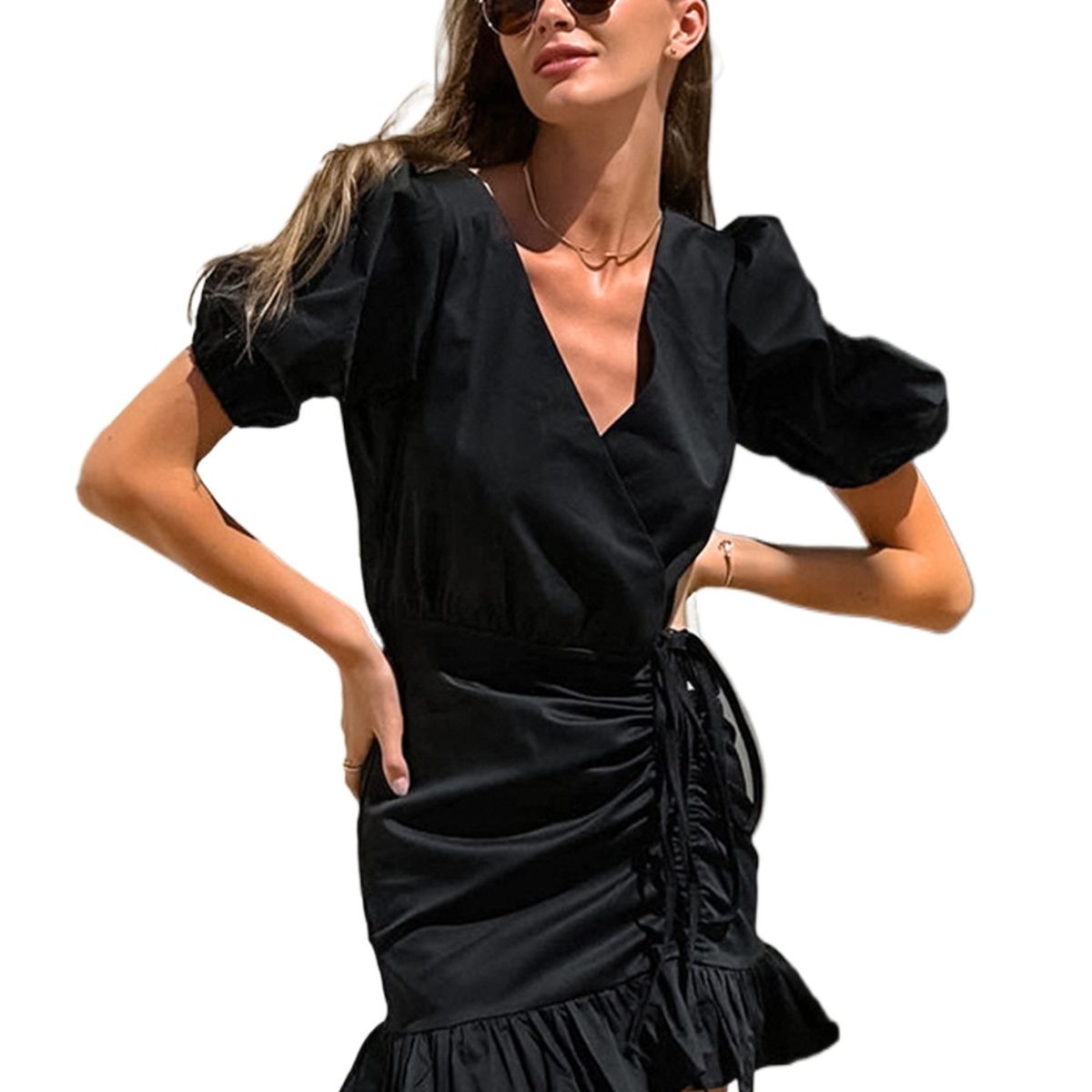 TIOZONEY - Vestido Holgado Con Cuello En V Liso De Manga Corta De Algod - Negro