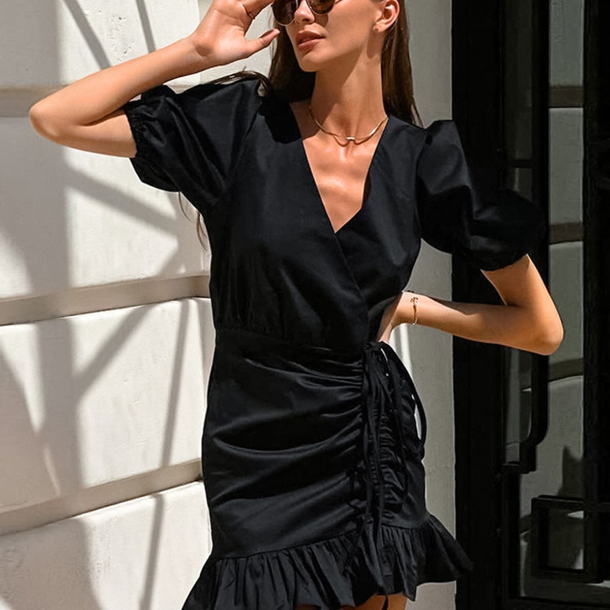 TIOZONEY - Vestido Holgado Con Cuello En V Liso De Manga Corta De Algod - Negro