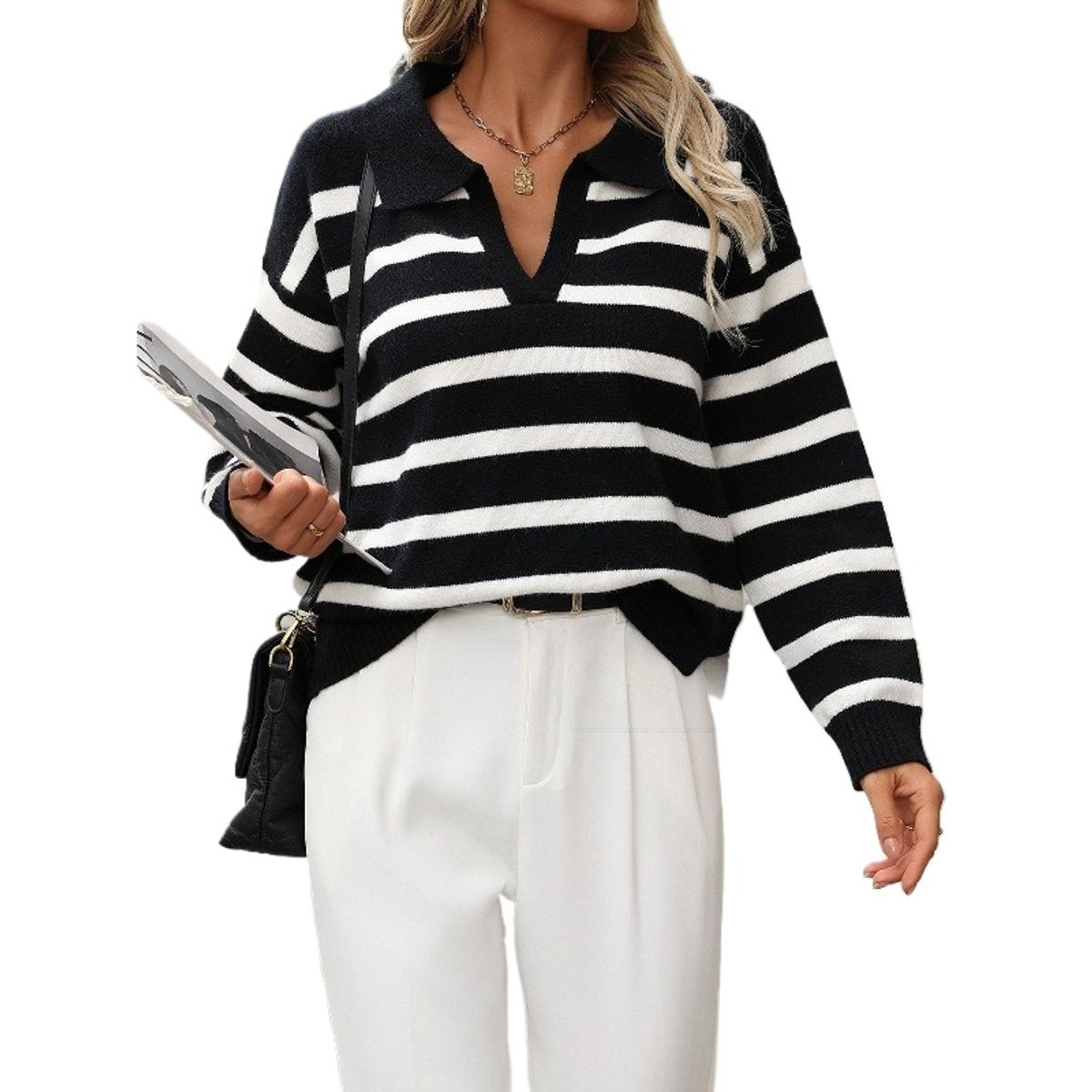TIOZONEY - Suéter a rayas para mujer-Negro