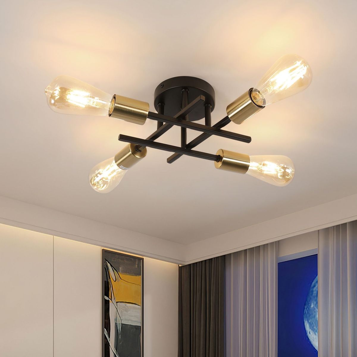 HOME NEAT - Lámpara de techo moderna metálica de 4 focos - Negro Y Dorado.