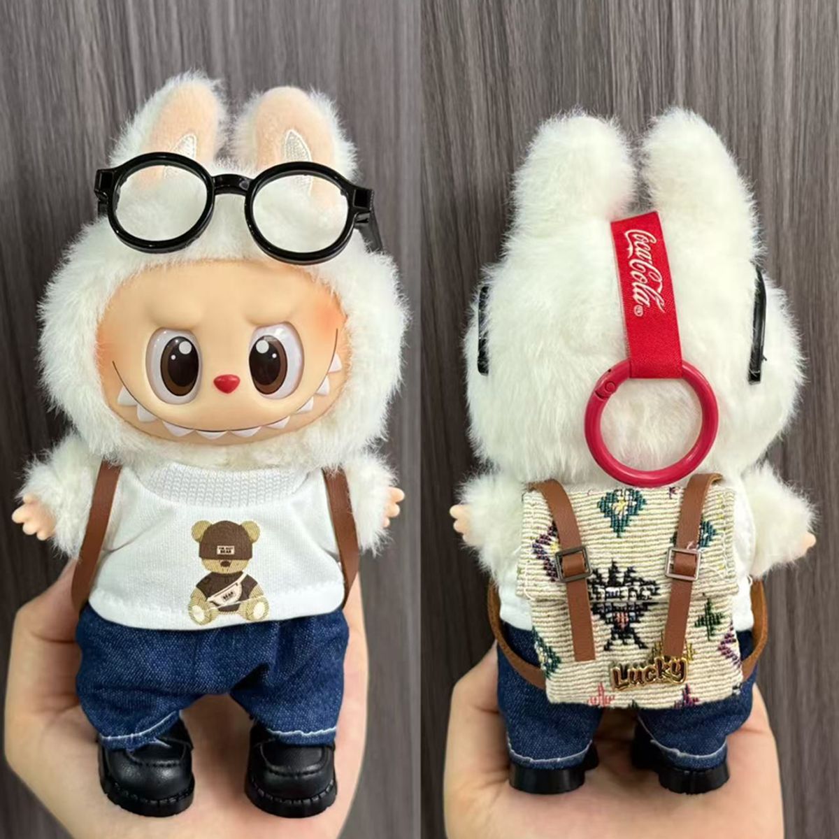 POP MART - Ropa Labubu Polo Oso Short Jean Mochila Marron Lucky