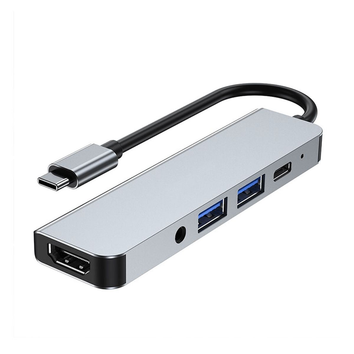 OEM - Adaptador 5 en 1 Tipo C 3.1 a HDMI, 2USB 3.0, Jack 3.5mm, Tipo C y LED