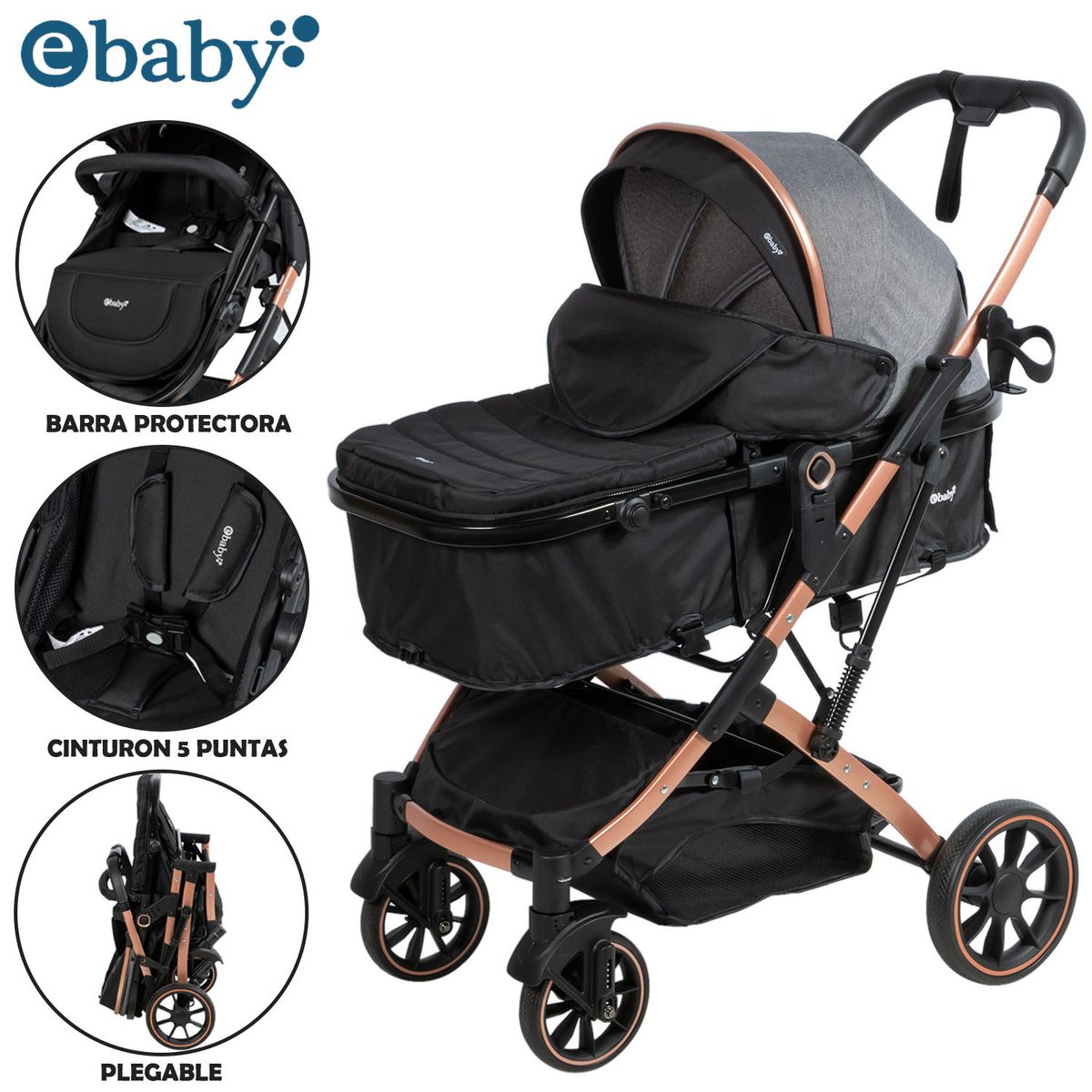 BABY - Coche Moisés de Lujo EBABY «SHIRO» Multifuncional Black