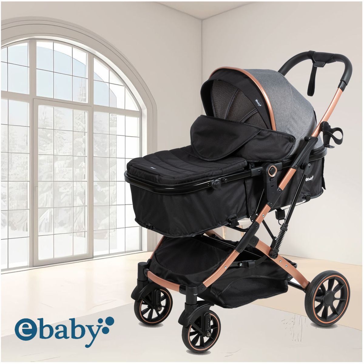 BABY - Coche Moisés de Lujo EBABY «SHIRO» Multifuncional Black
