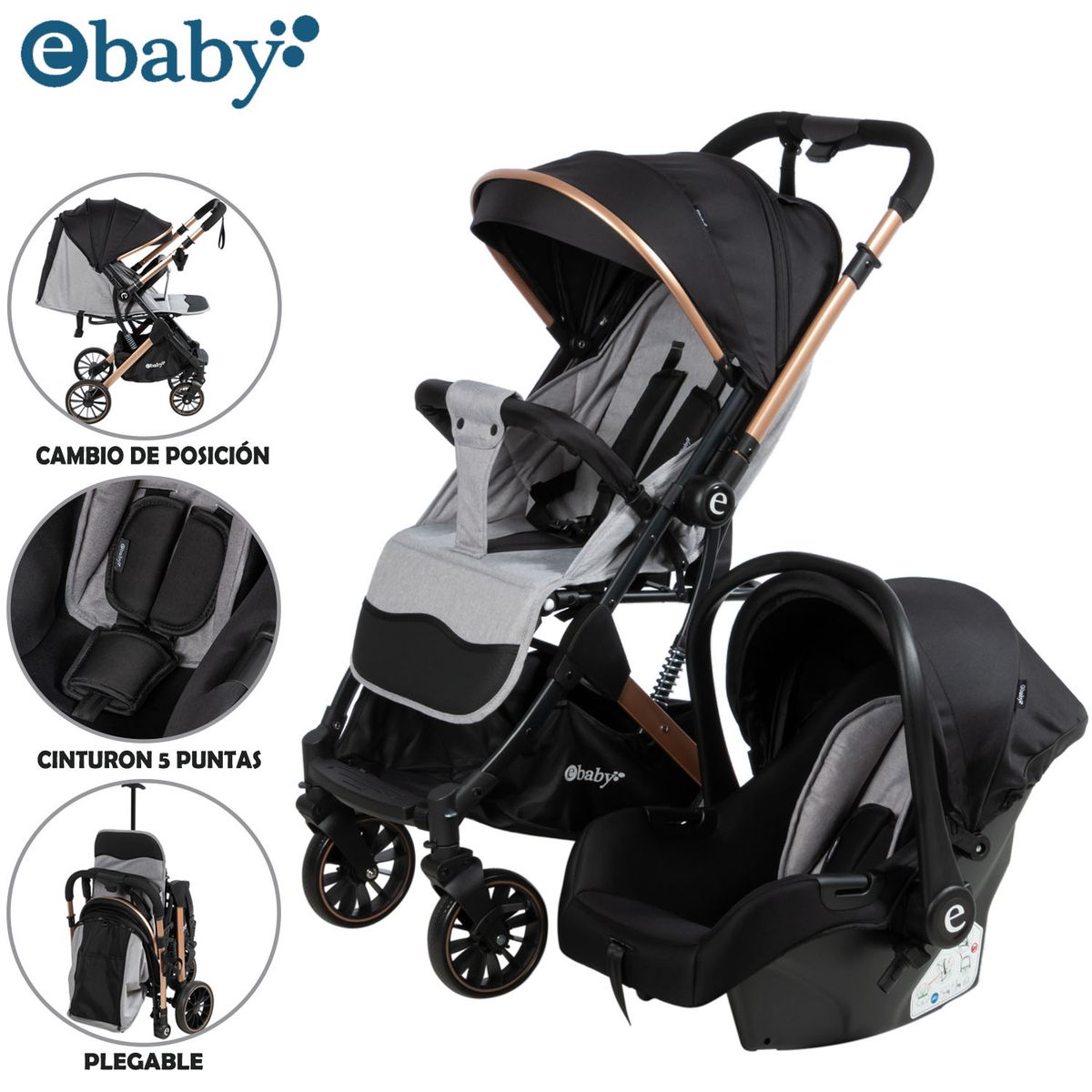 BABY - Coche Moisés Travel System EBABY «SPARROW» Porta Bebé Gray