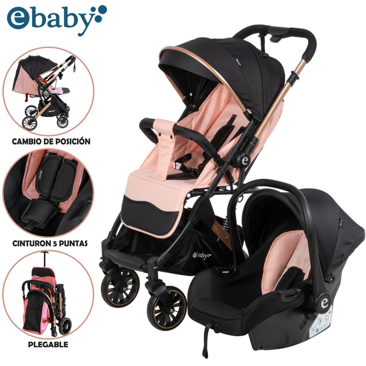Baby - Coche Moisés Travel System EBABY «SPARROW» Porta Bebé Pink
