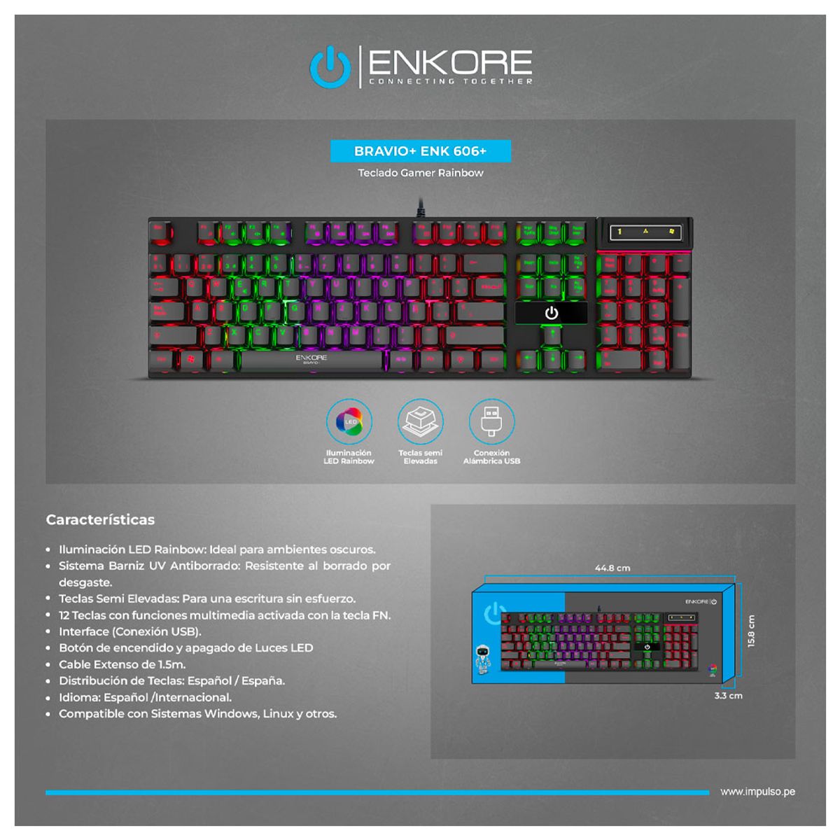 MICRONICS - BRAVIO+ ENK606+ TECLADO GAMER USB RAINBOW ENKORE