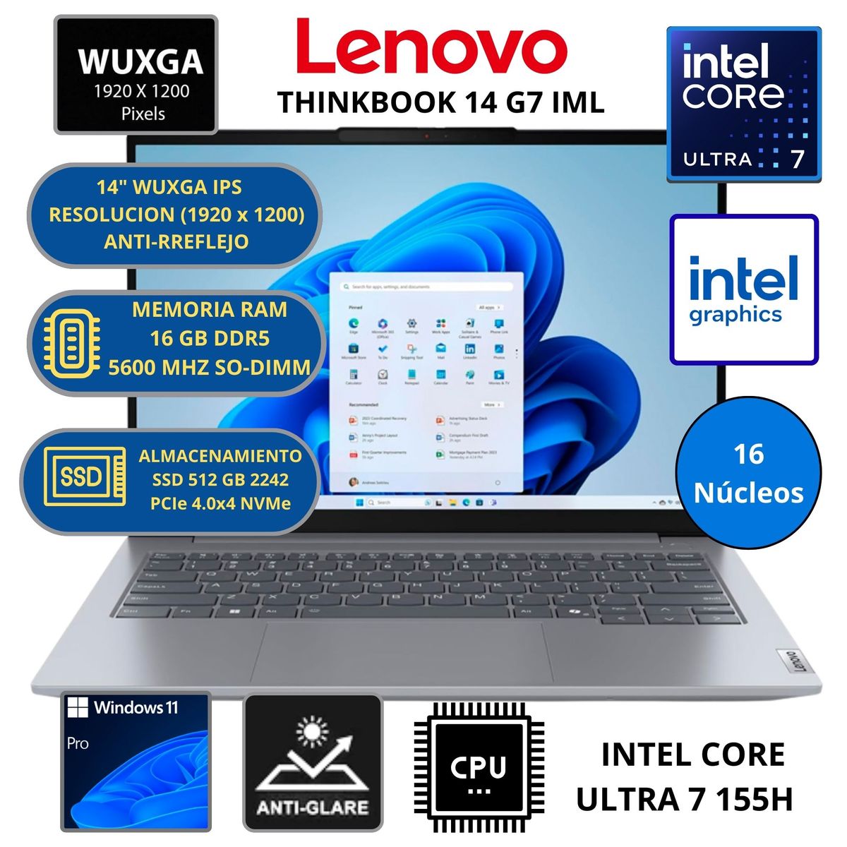 LENOVO - Laptop Lenovo THINKBOOK 14 G7 IML INTEL CORE ULTRA 7-RAM 16 GB SSD 512 GB 14" WUXGA WINDOWS 11