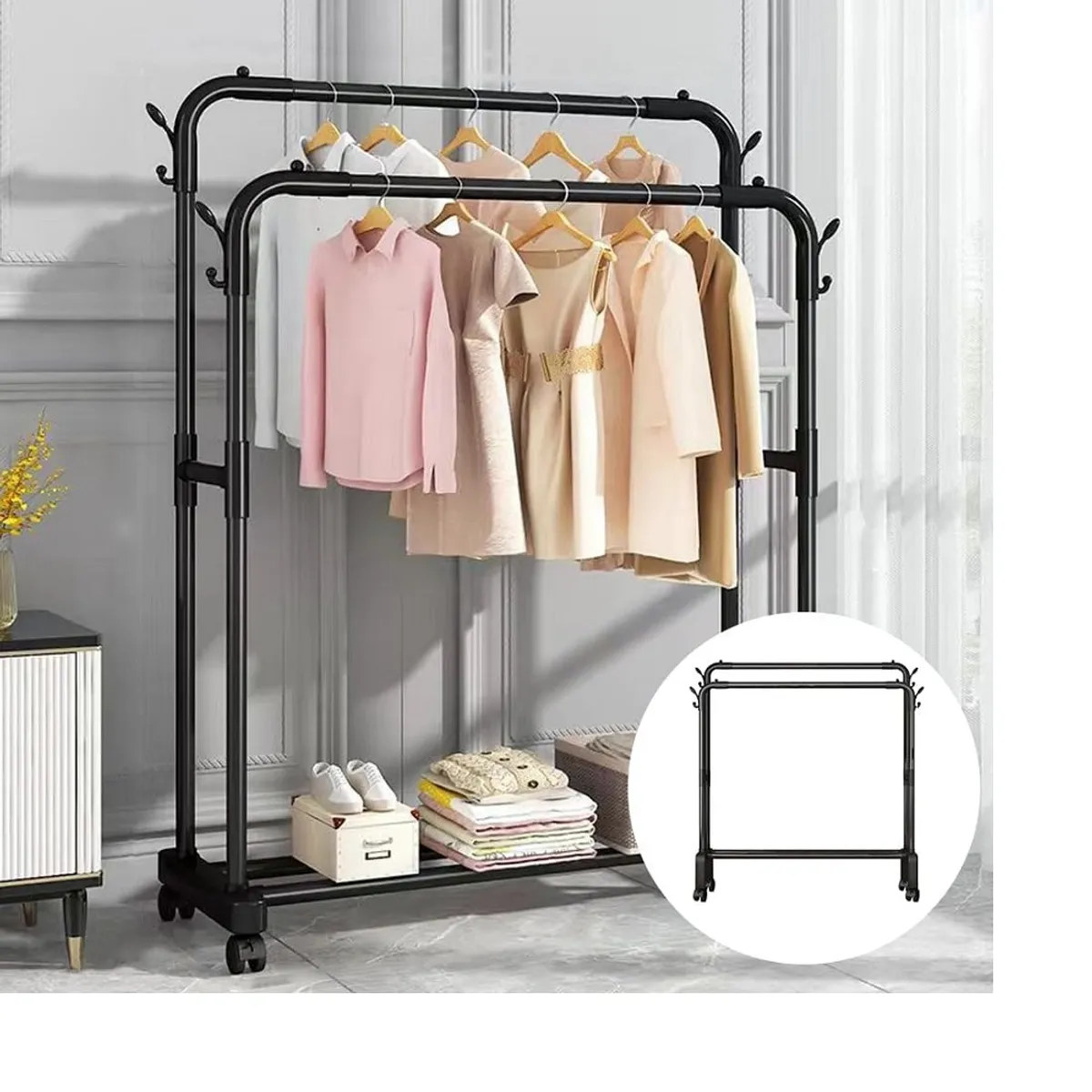 GENERICO - Perchero doble barra con zapatera negro 143cm