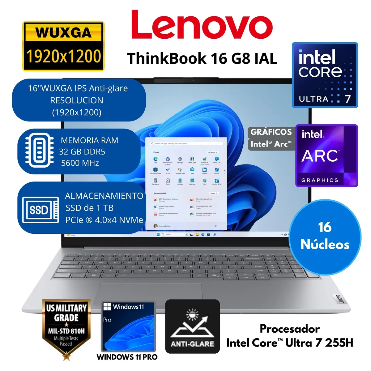 LENOVO - Laptop Lenovo ThinkBook Intel Core Ultra 7 (16 G8 IAL) RAM 32 GB SSD 1 TB 16"WUXGA Windows 11 PRO
