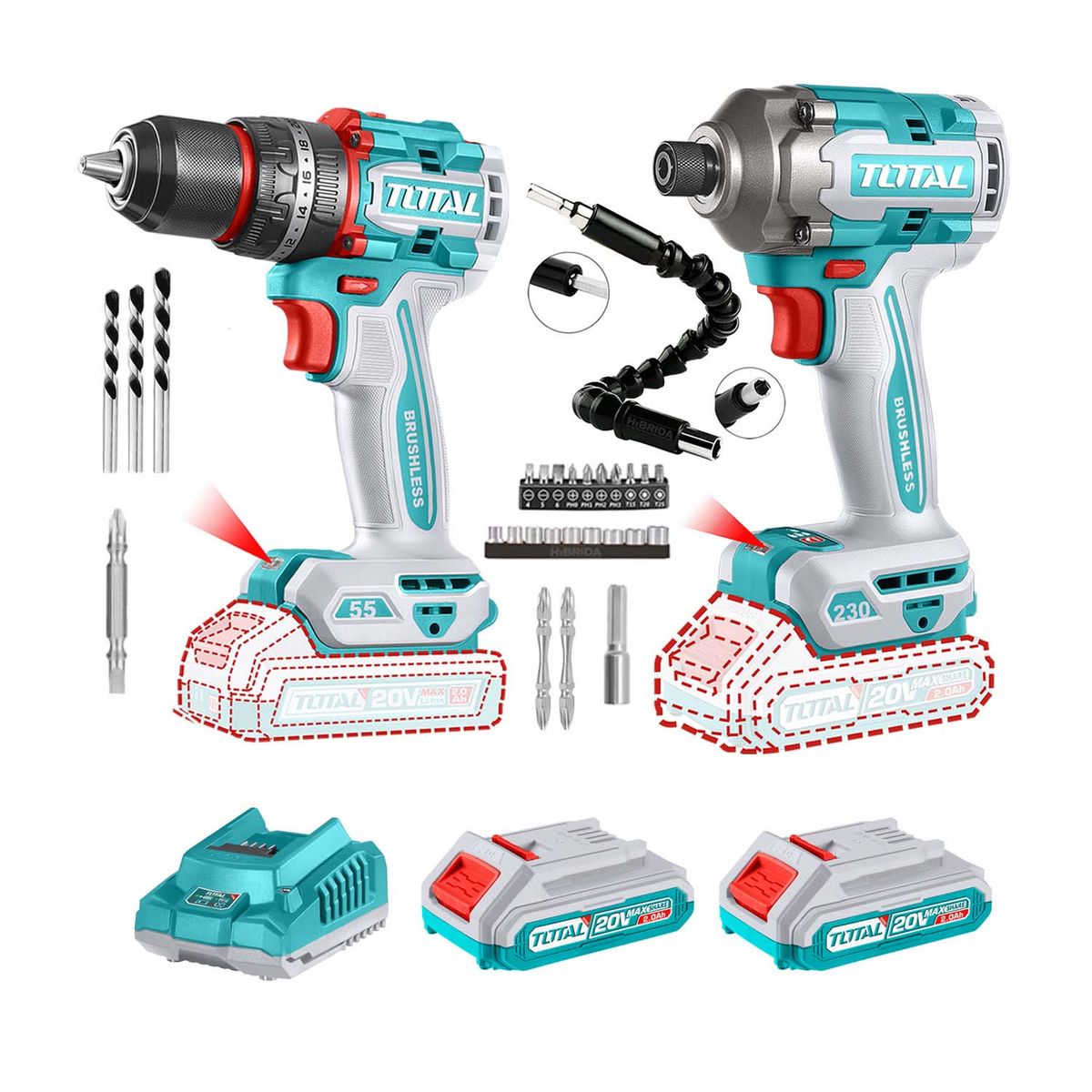 TOTAL TOOLS - ATORNILLADOR DE IMPACTO+TALADRO PERCUTOR BRUSHLESS+ EXTENSOR