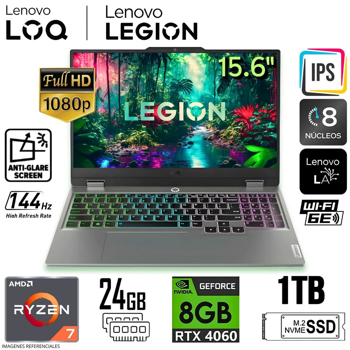 LENOVO - Laptop Gamer Lenovo LOQ 15ARP9 83JC008FLM Ryzen 7 7435HS GEFORCE RTX-4060-8GB 24GB RAM 1TB SSD 15.6"FHD