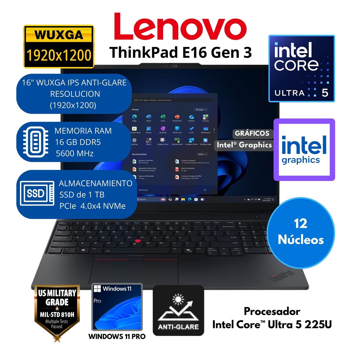 LENOVO - Laptop Lenovo ThinkPad Intel Core Ultra 5 (E16 Gen 3) RAM 16 GB SSD 1 TB 16"WUXGA Windows 11 PRO