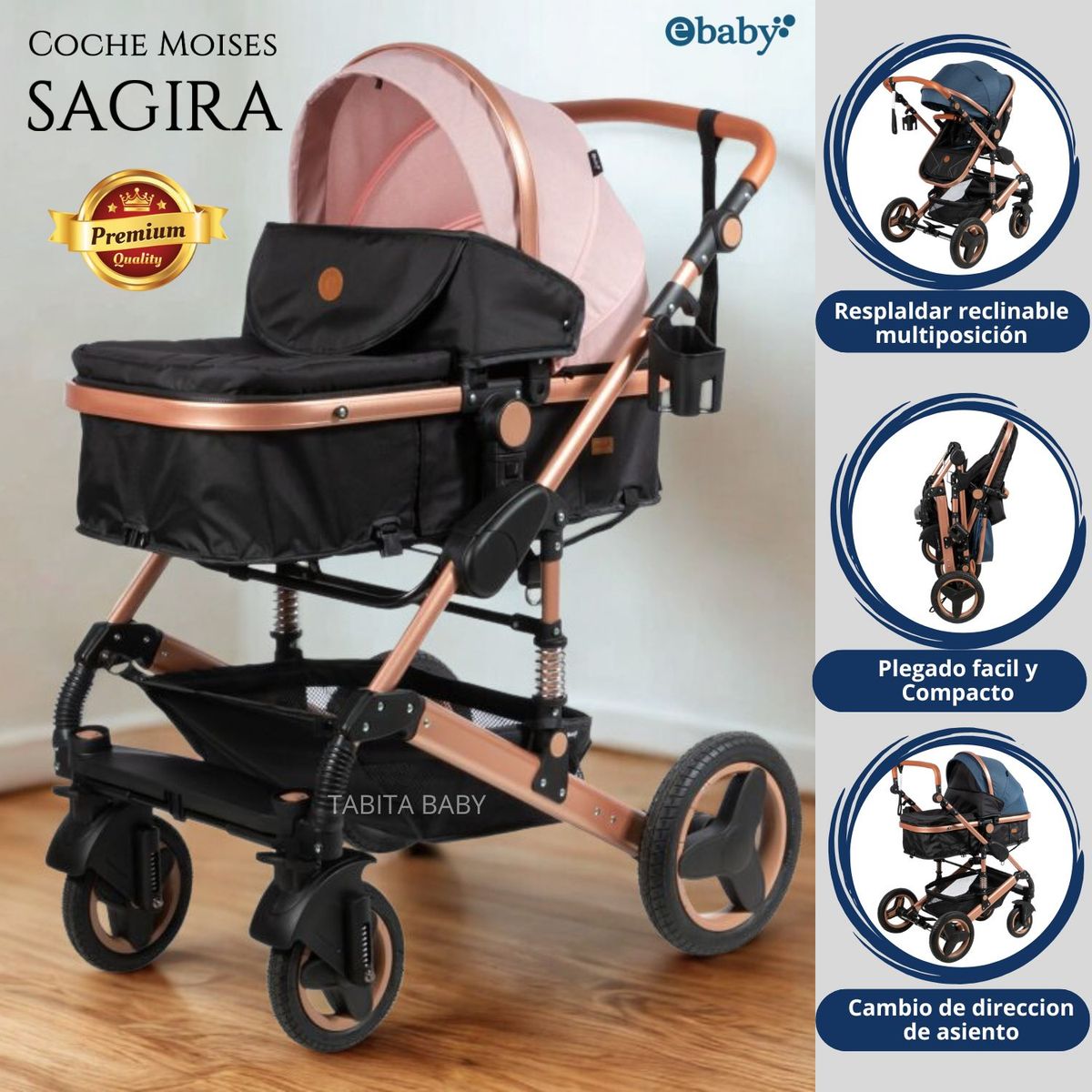 EBABY - Coche Cuna Moisés de Lujo Sagira Rosado Ebaby
