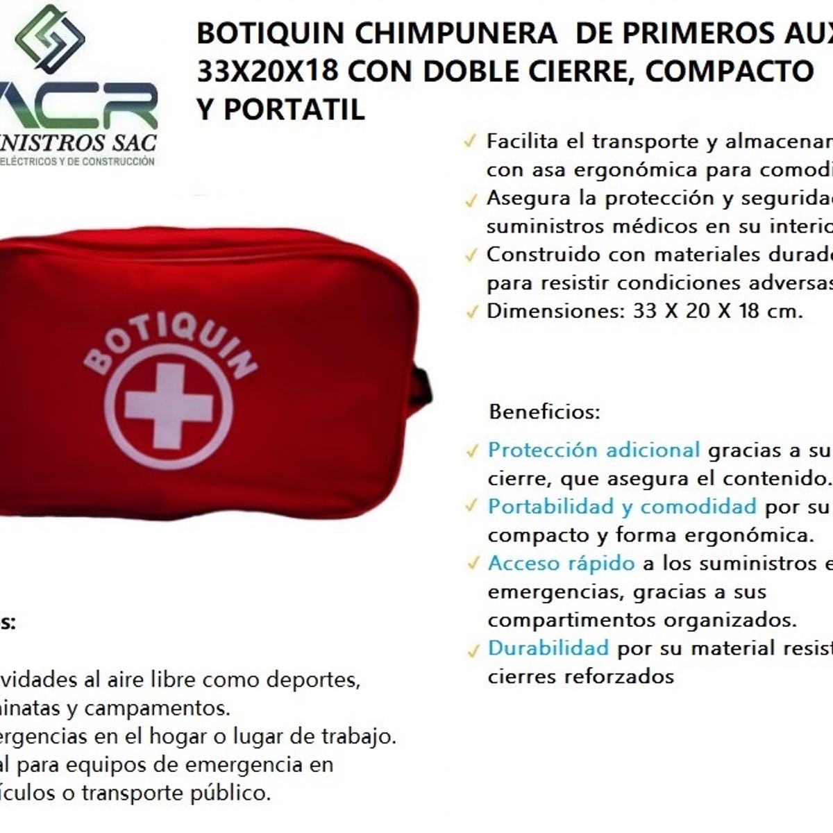 GENERICO - BOTIQUIN CHIMPUNERA DE PRIMEROS AUXILIOS DOBLE CIERRE COMPACTO Y PORTATIL