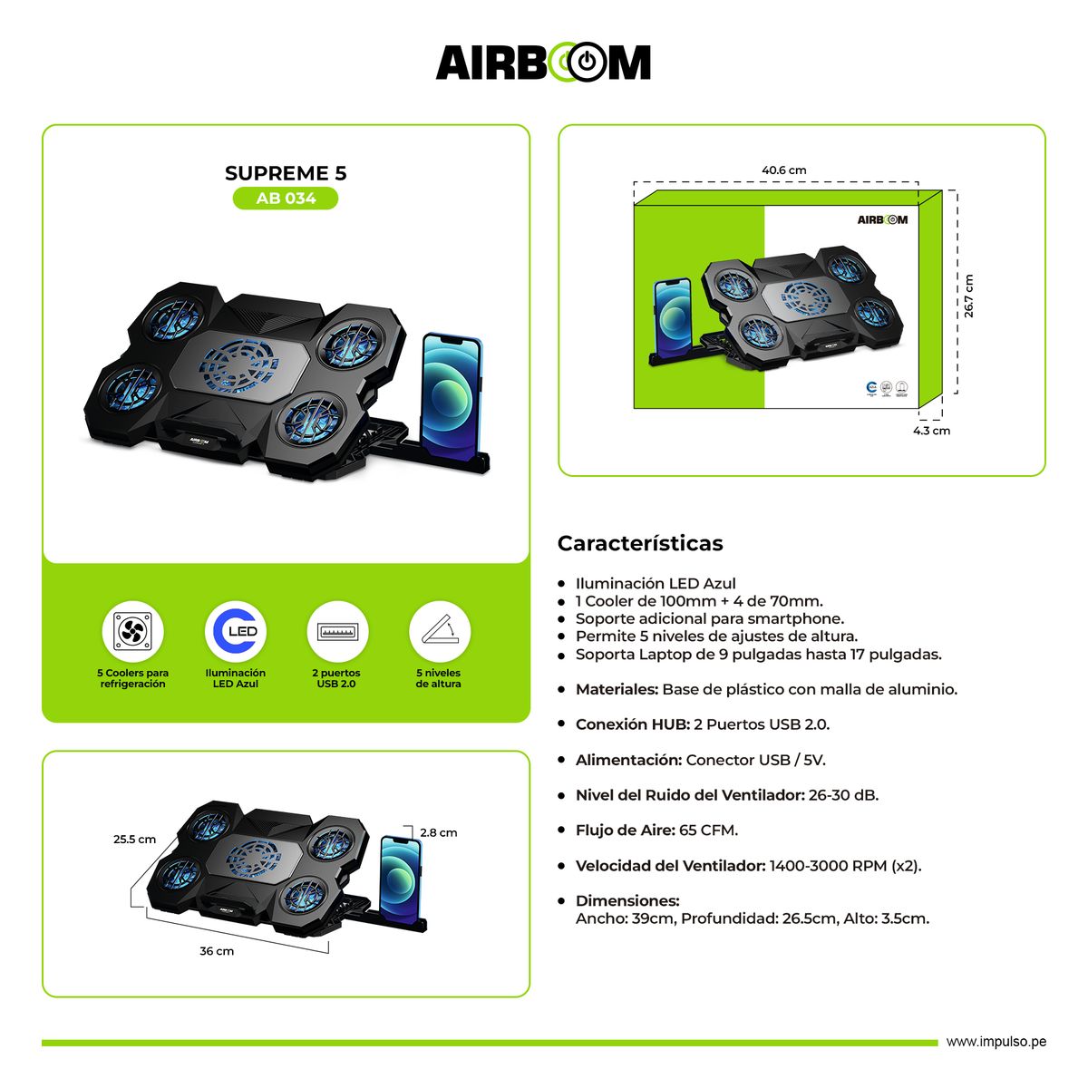 AIRBOOM - Cooler para Laptop con LED 2USB Negro Airboom Supreme 5 AB 034