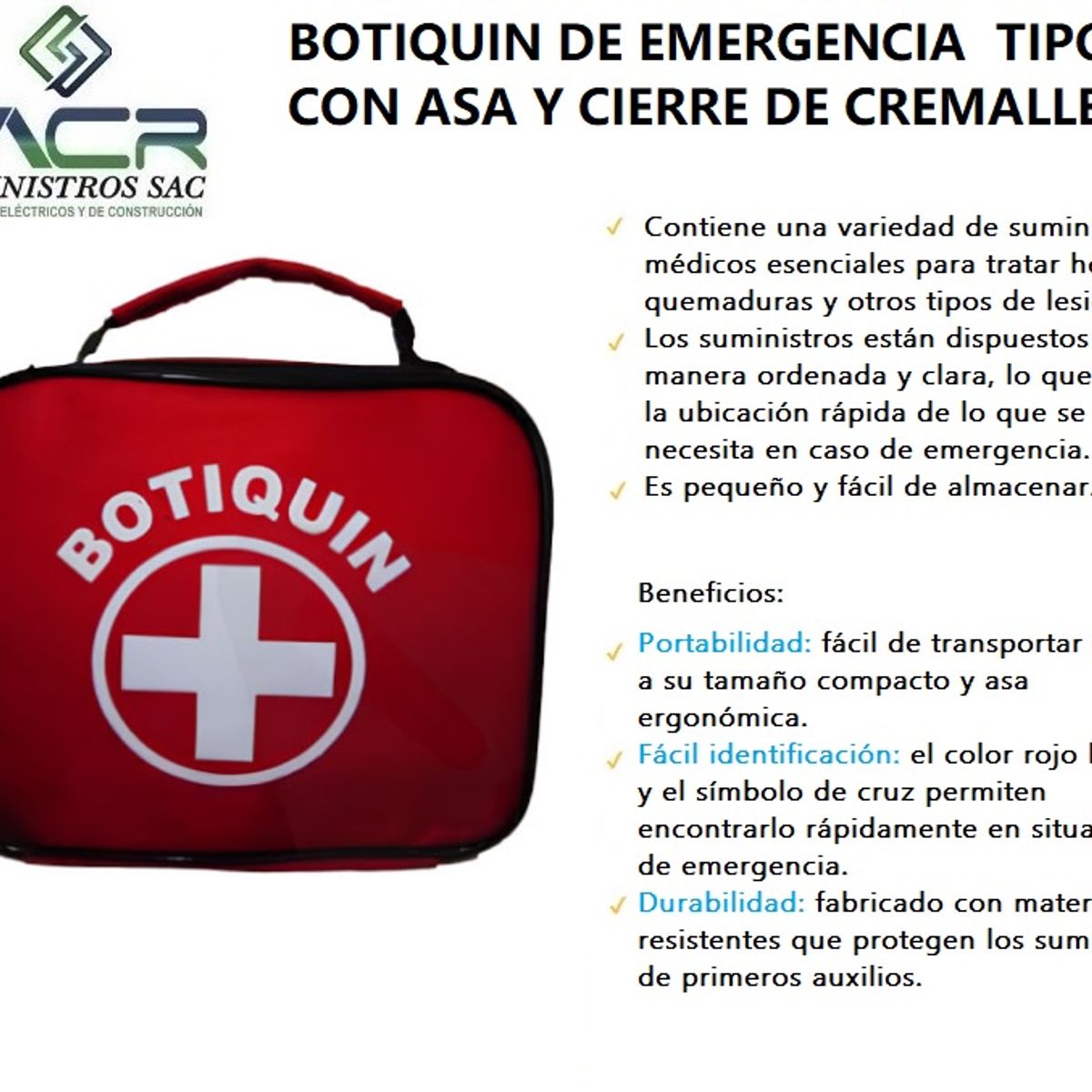 GENERICO - BOTIQUIN DE PRIMEROS AUXILIOS TIPO A CON ASA Y CIERRE DE CREMALLERA