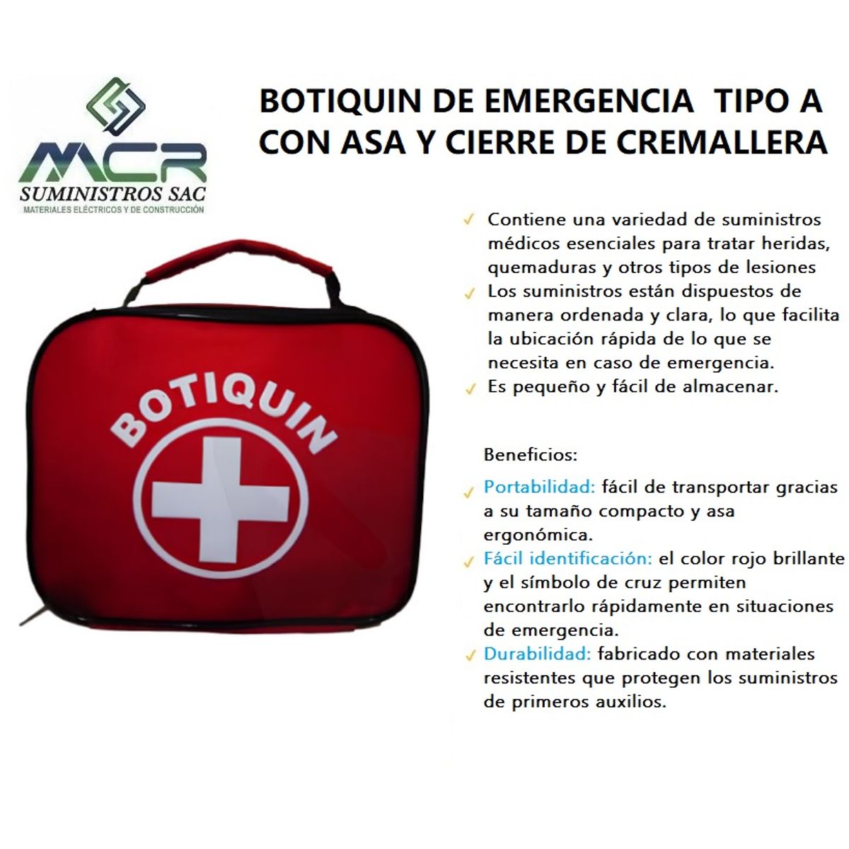 GENERICO - BOTIQUIN DE PRIMEROS AUXILIOS TIPO A CON ASA Y CIERRE DE CREMALLERA