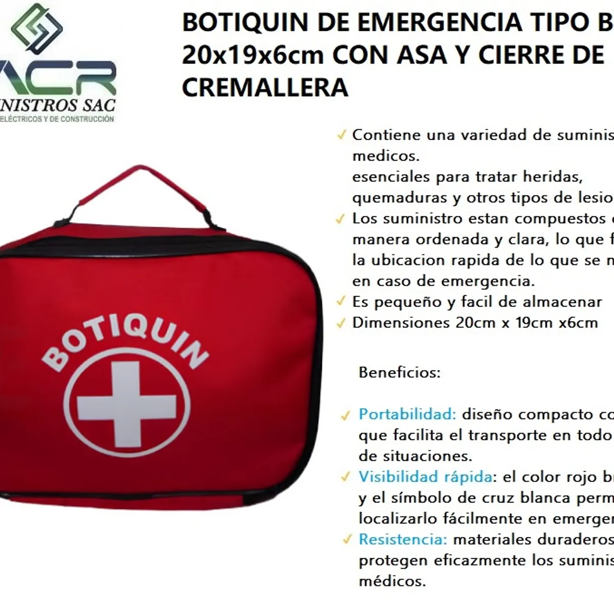 GENERICO - BOTIQUIN DE PRIMEROS AUXILIOS TIPO B CON ASA Y CIERRE DE CREMALLERA