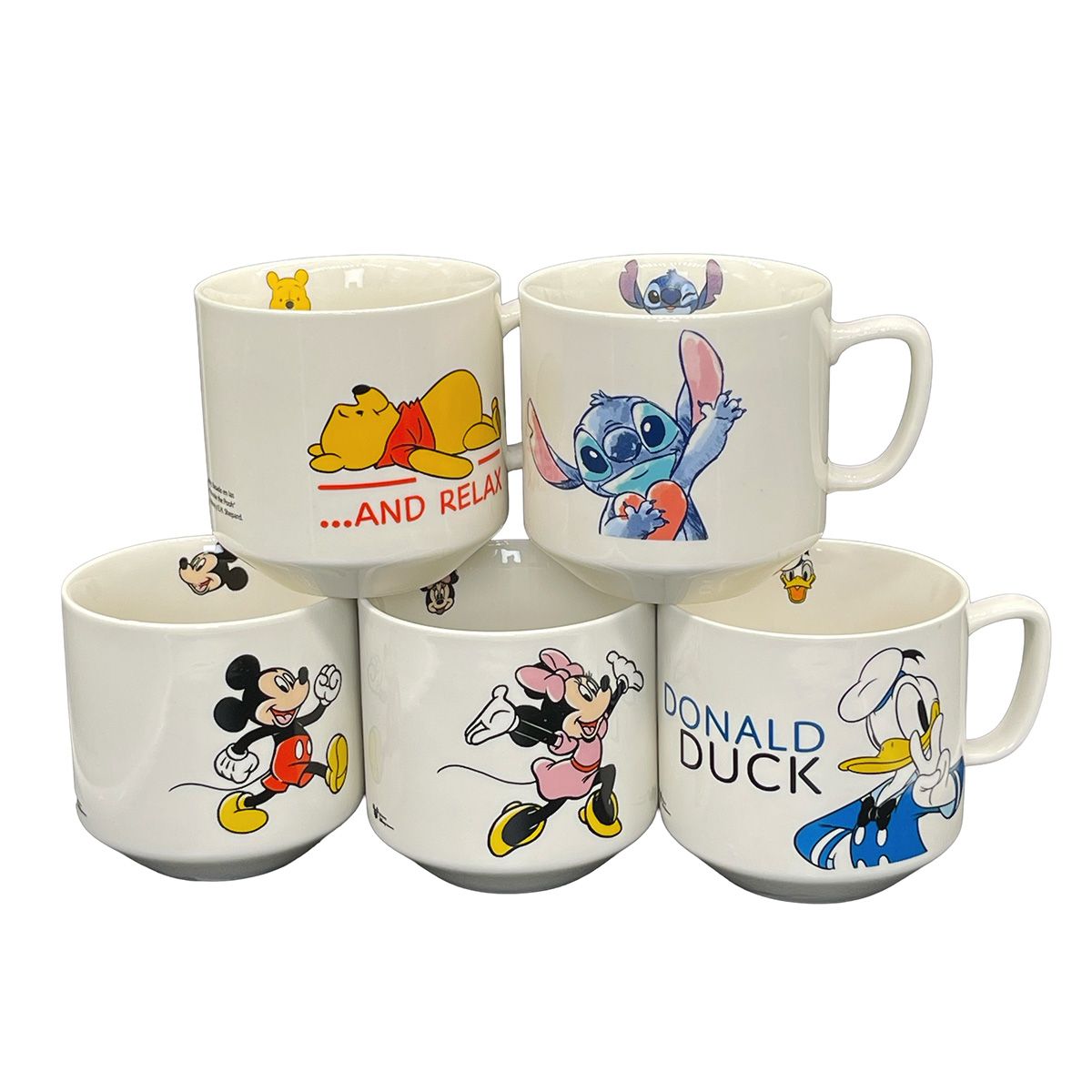 DISNEY CLASICOS - Colección Tazas Disney 5 Pzas Mickey Minnie Winnie Poo Stitch Donald