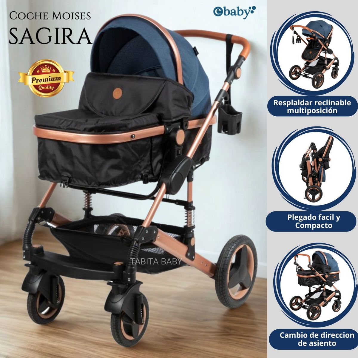 EBABY - Coche Cuna Moisés de Lujo Sagira Azul Ebaby