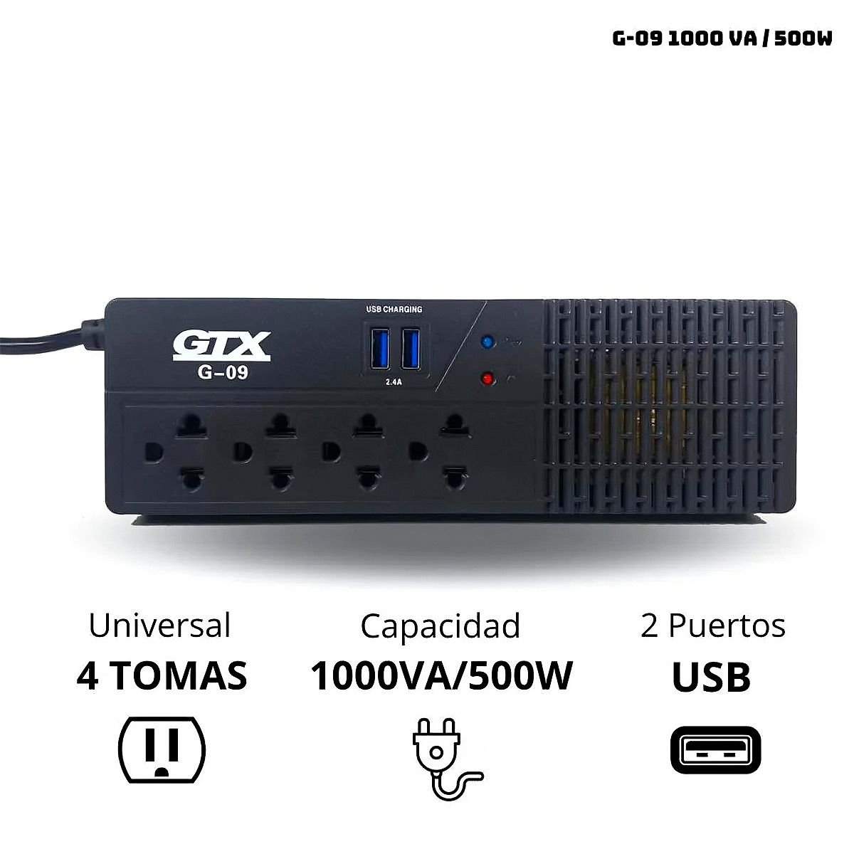 HALION - Estabilizador GTX G-09 1000va/500w 4 Salidas Tomas 2 Salidas USB