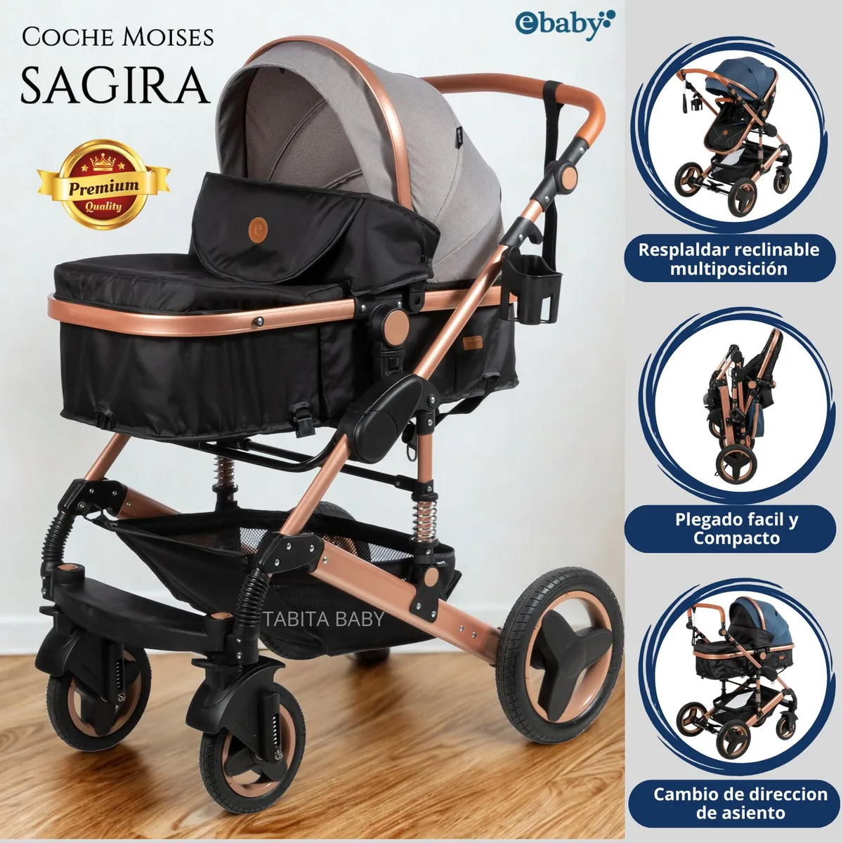 EBABY - Coche Cuna Moisés de Lujo Sagira Gris Ebaby