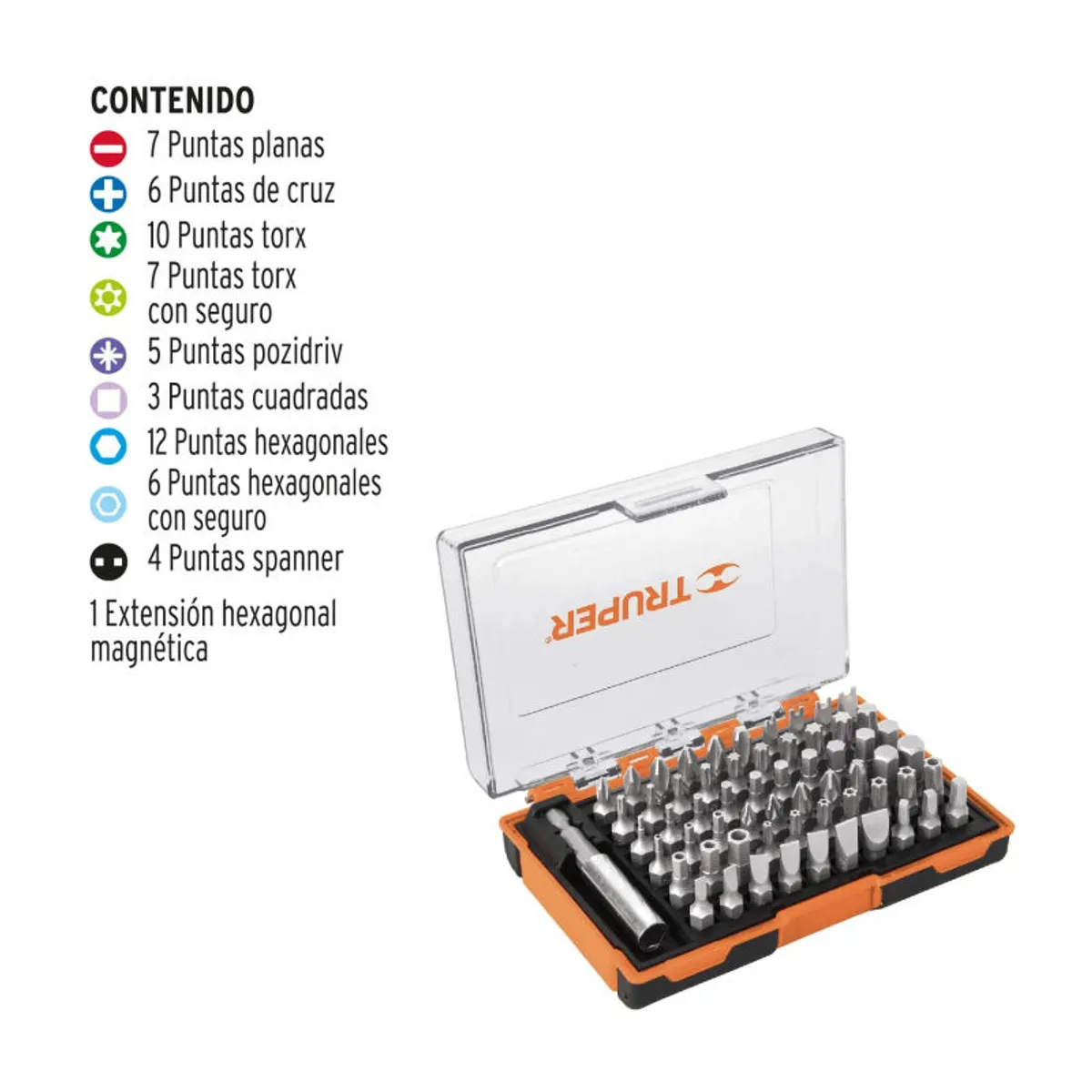 TRUPER - Juego de 60 puntas mixtas largo 1pulg en estuche plástico TRUPER cod 10758