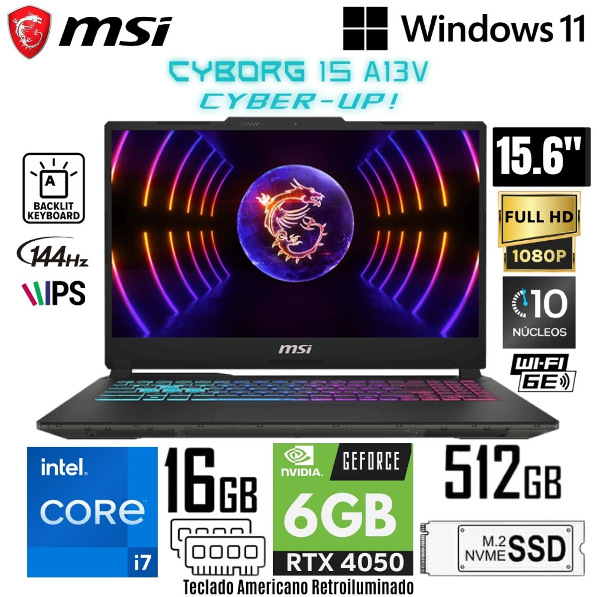 MSI - Laptop MSI Cyborg 15 A13VE Intel Core i7-13620H 16GB RAM 512GB SSD RTX 4050-6GB 15.6"  FHD 144HZ