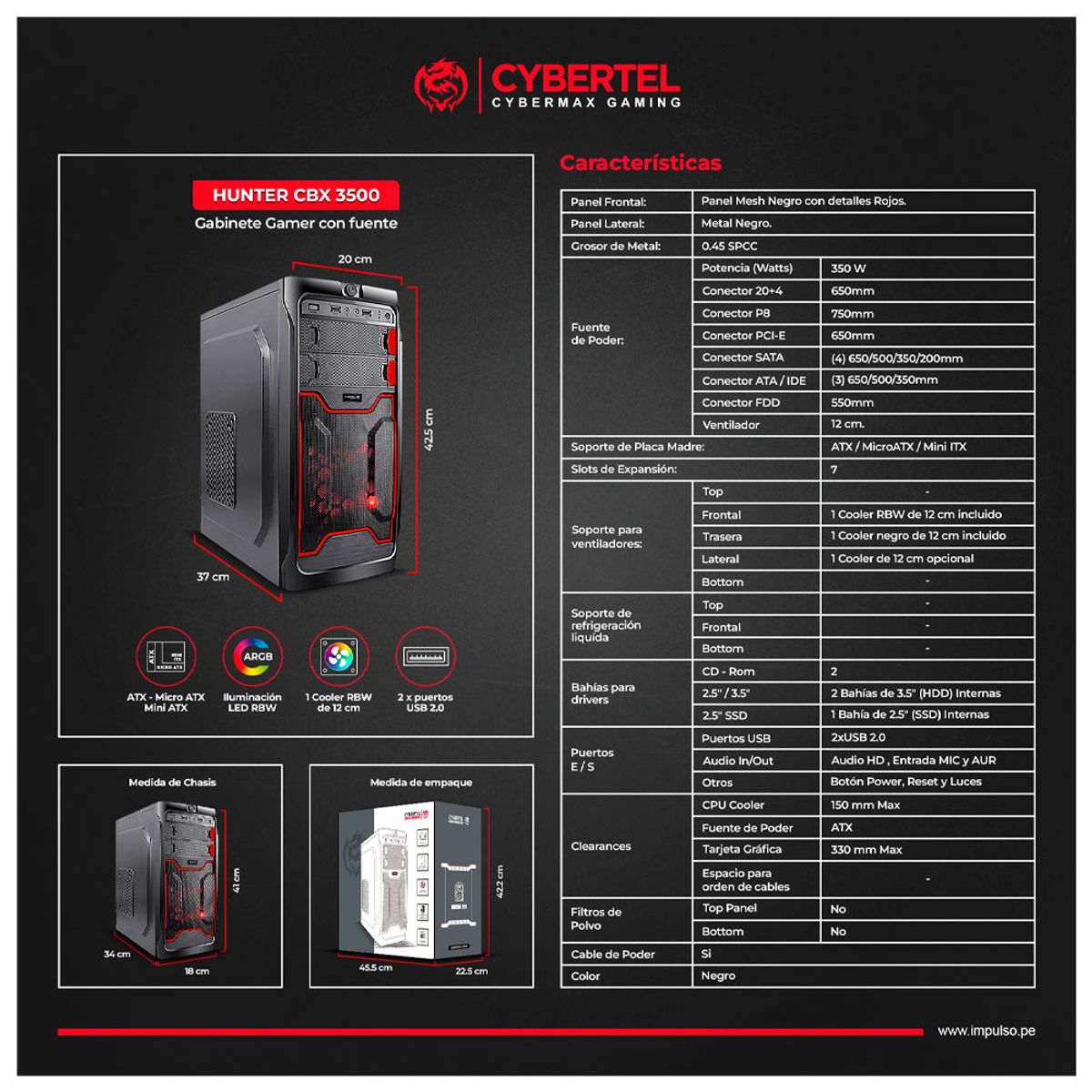 CYBERTEL - HUNTER CBX 3500 GABINETE GAMER PSU 350W