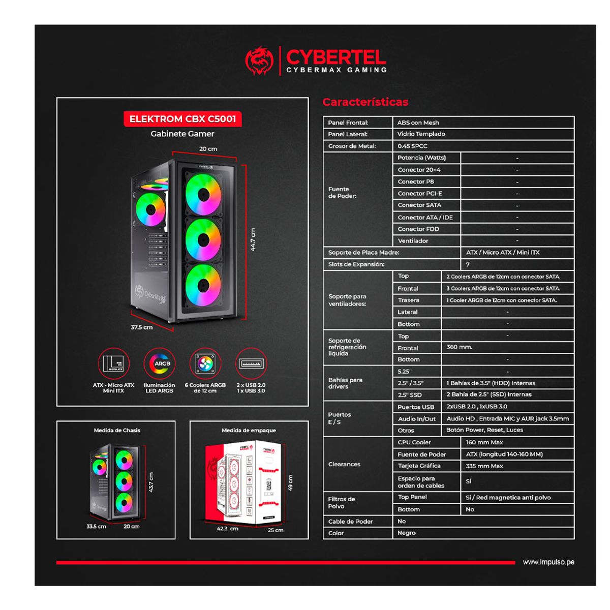 CYBERTEL - ELEKTROM CBX C5001 GABINETE GAMER 6FAN ARGB