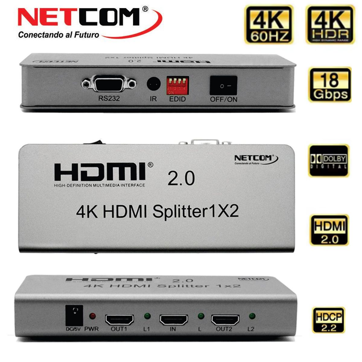NETCOM - Splitter HDMI 1x2 Metalico 2.0 4K 60Hz 2 pantallas Ultra HD RS232