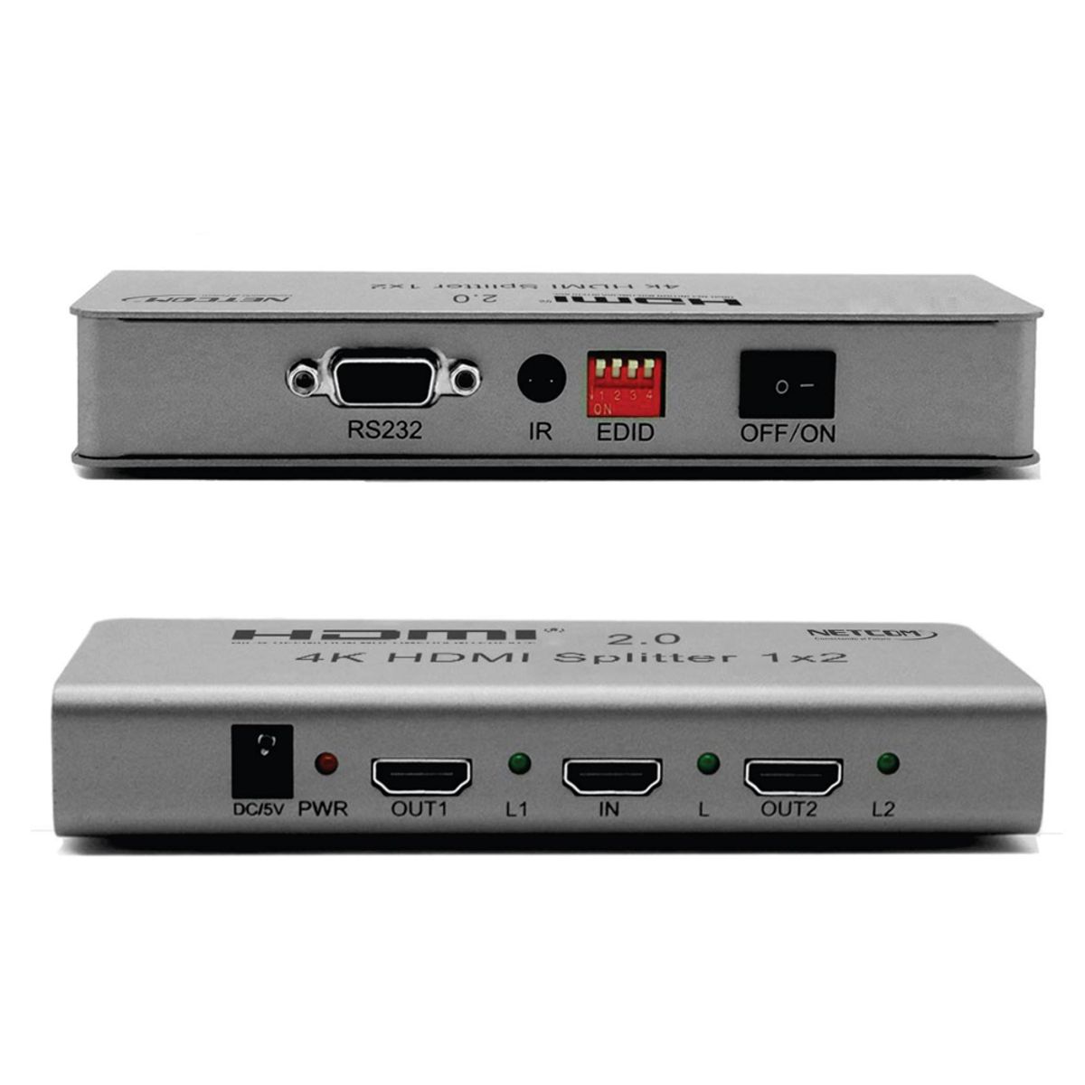 NETCOM - Splitter HDMI 1x2 Metalico 2.0 4K 60Hz 2 pantallas Ultra HD RS232