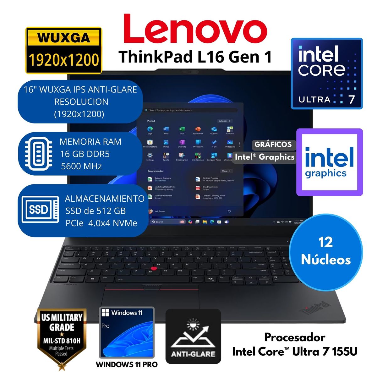 LENOVO - Laptop Lenovo ThinkPad Intel Core Ultra 7 (L16 Gen 1) RAM 16 GB SSD 512 GB 16"WUXGA Windows 11 PRO